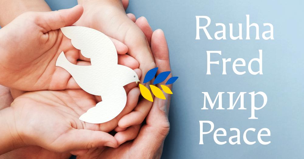 Avoimet kädet, joiden päällä rauhan kyyhkynen Ukrainan lipun värinen oksa nokassaan