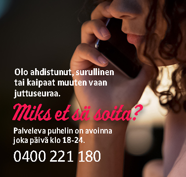 Mikset sä soita -teksti. Kuvassa nainen soittamassa puhelimella.