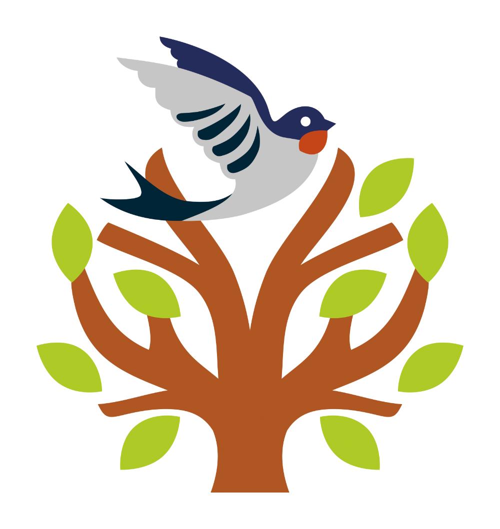 Lähetystyön logo: pääskynen ja puu