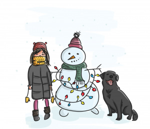 Lumiukko, tyttö ja koira.