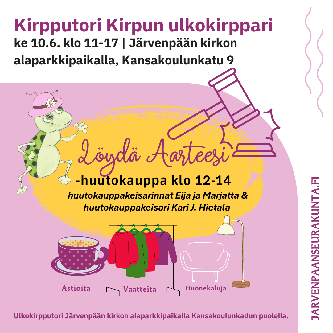 Tapahtuman mainos samoilla tiedoilla, mutta kuvitettuna piirretyllä kirpulla, huutokauppanuijalla sekä kirpparitavaroilla.