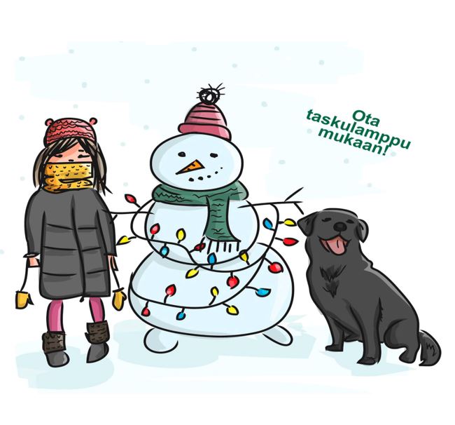 Tyttö, lumiukko ja koira.