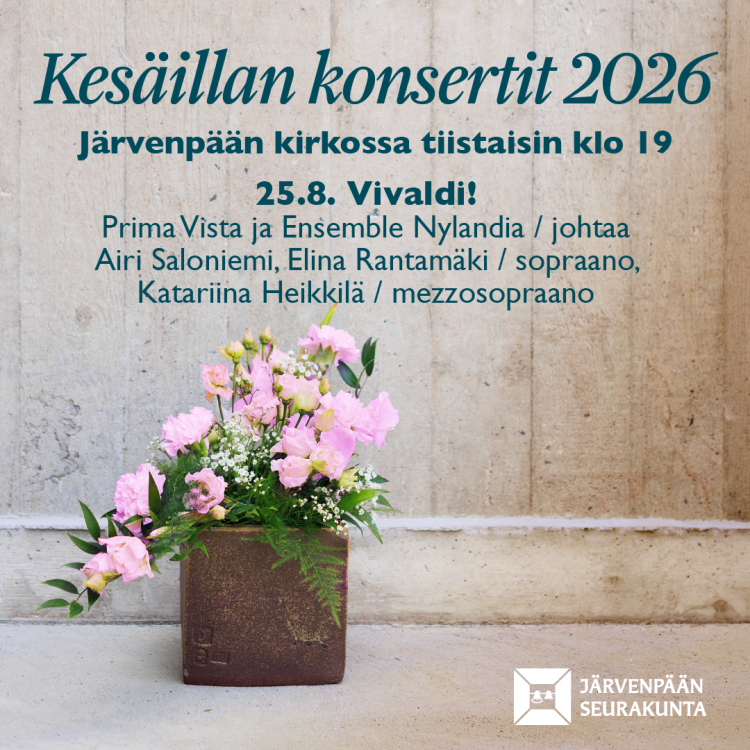 Konserttimainos: kukka ja Järvenpään kirkon betoniseinä